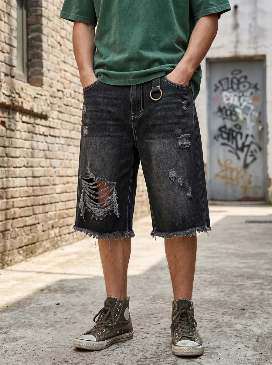 Men's Streetwear Distressed Black Denim Ring-Detail Shorts