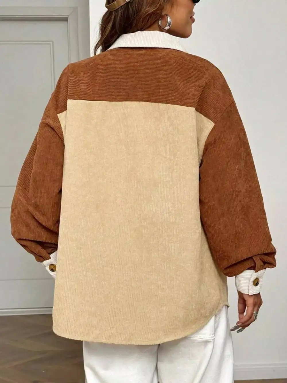 Color Block Corduroy Button-up Jacket
