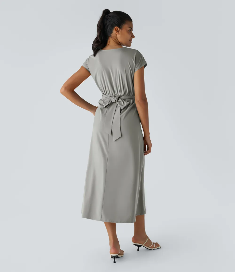 Breezeful V Neck Short Sleeve Side Pocket Tie Back Quick Dry Midi Casual Dress