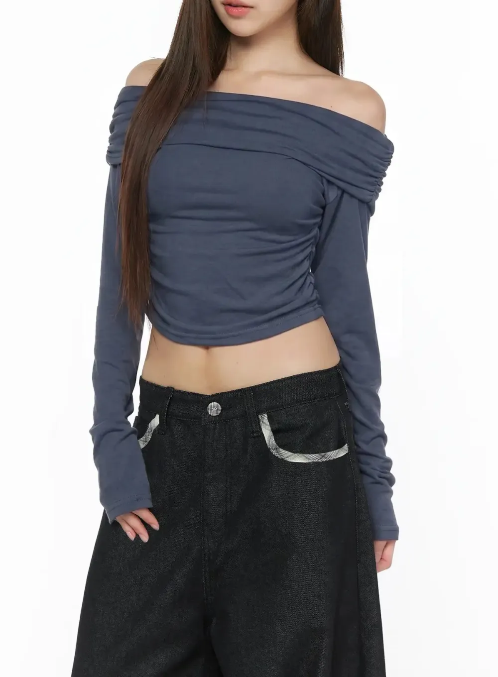 Ruched Off-The-Shoulder Long Sleeve Top