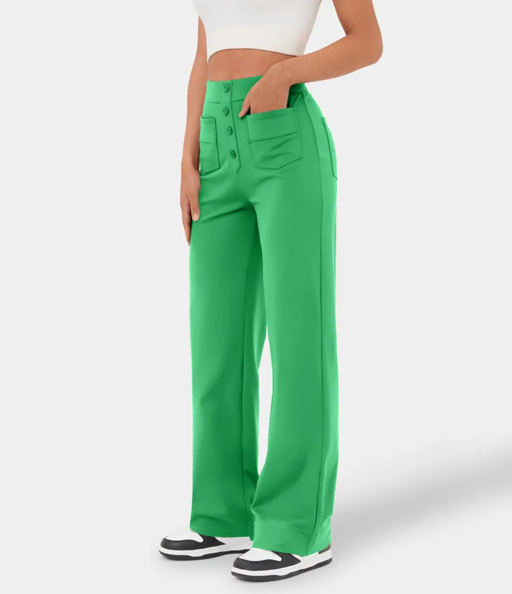 High Waisted Button Multiple Pockets Straight Leg Casual Pants
