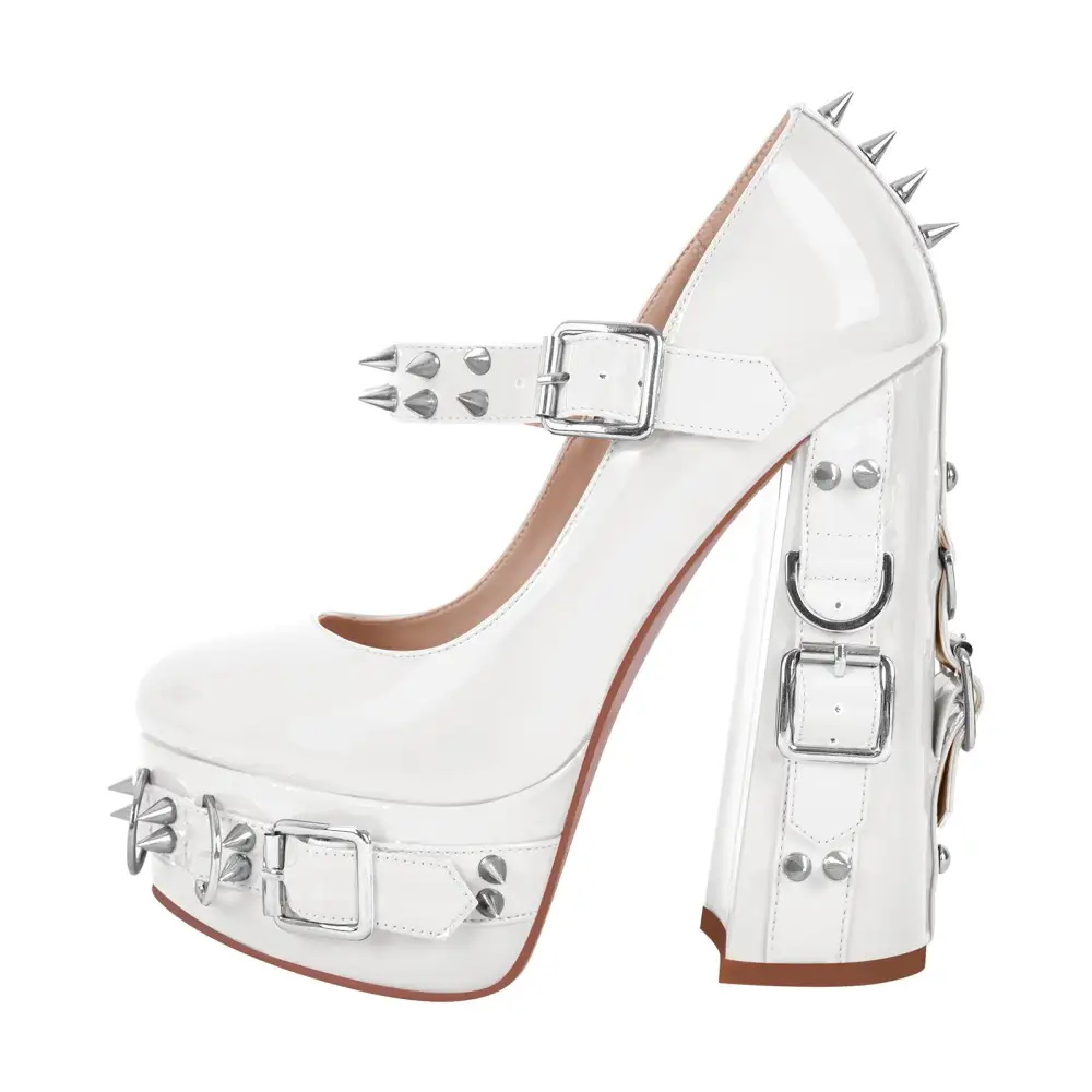 Patent Finish Rivet Round Toe Platform Chunky Heel Pumps