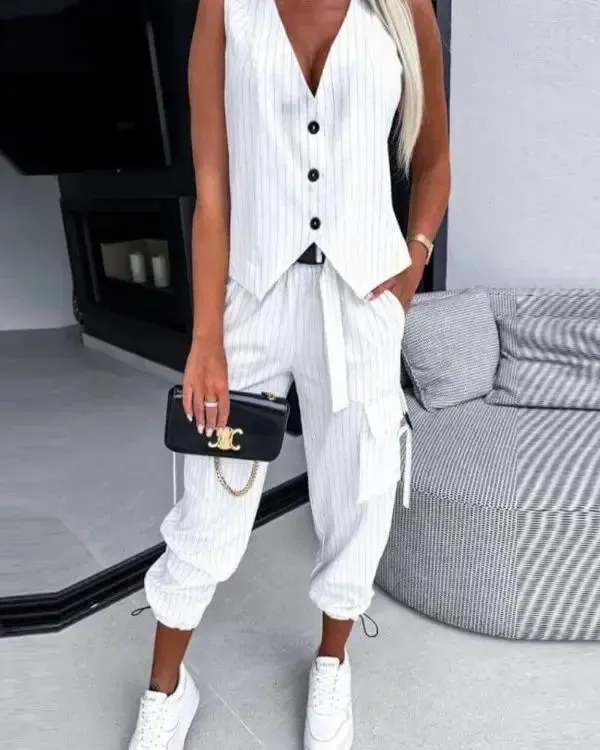 Women's Fashion Stripe Vests and Pocket Drawstring Pants Two-piece Set