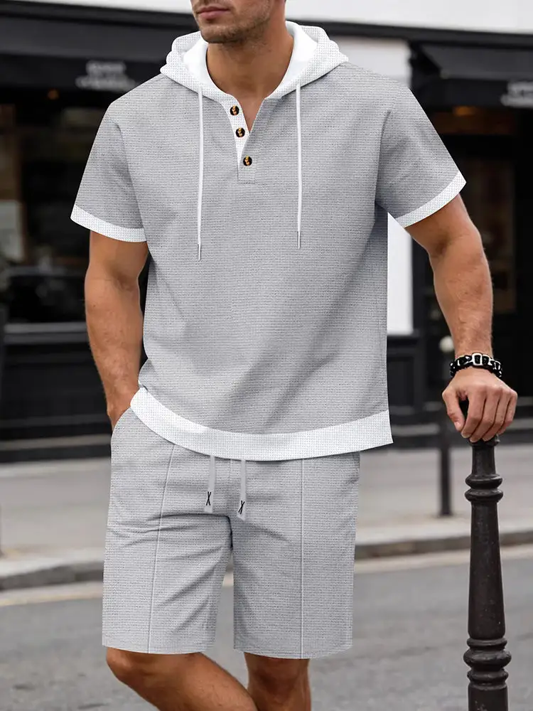 Waffle Knit Hoodie Short Sleeve Set with Shorts