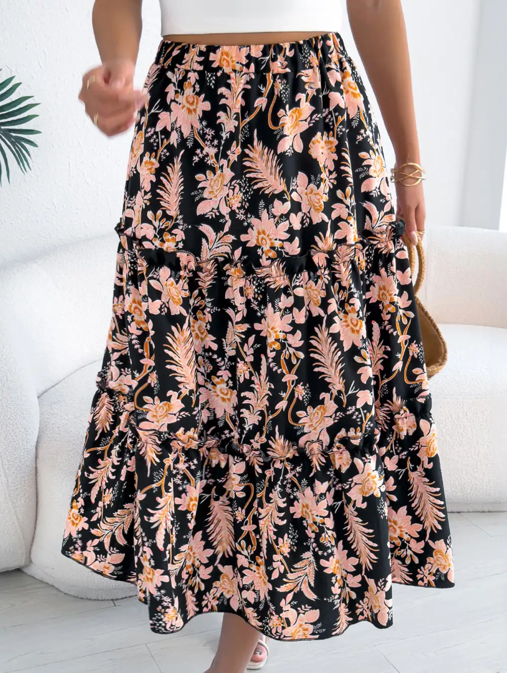 Floral Ruffle Midi Skirt