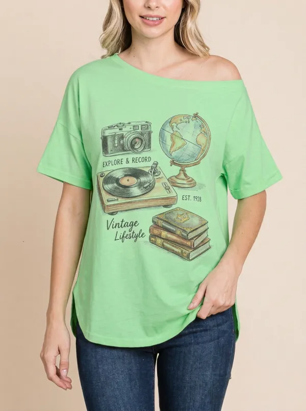 Women's Vintage Lifestyle Camera Globe Record Books Printed T-Shirt