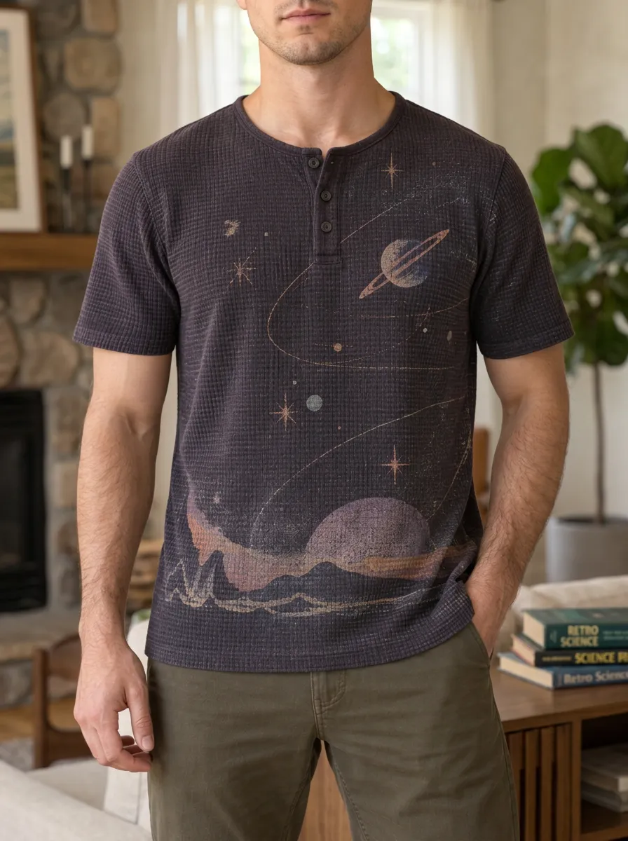 Men's Refined Space Astronomy Planet Waffle Henley T-Shirt