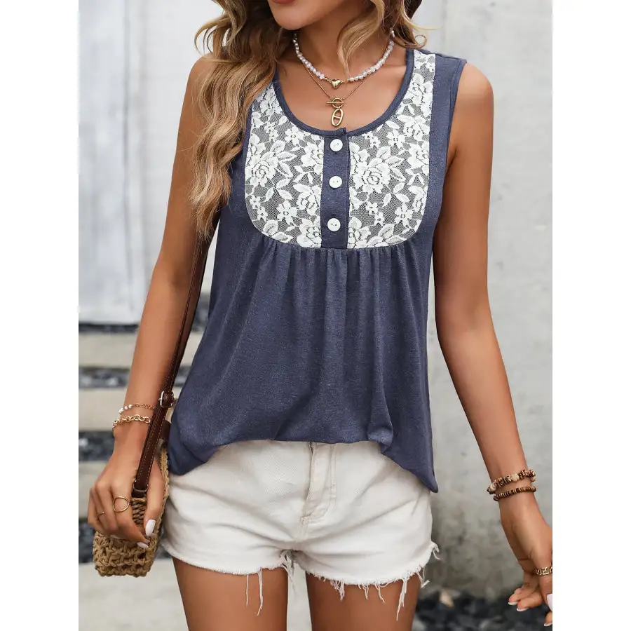 Lace Contrast Scoop Neck Tank