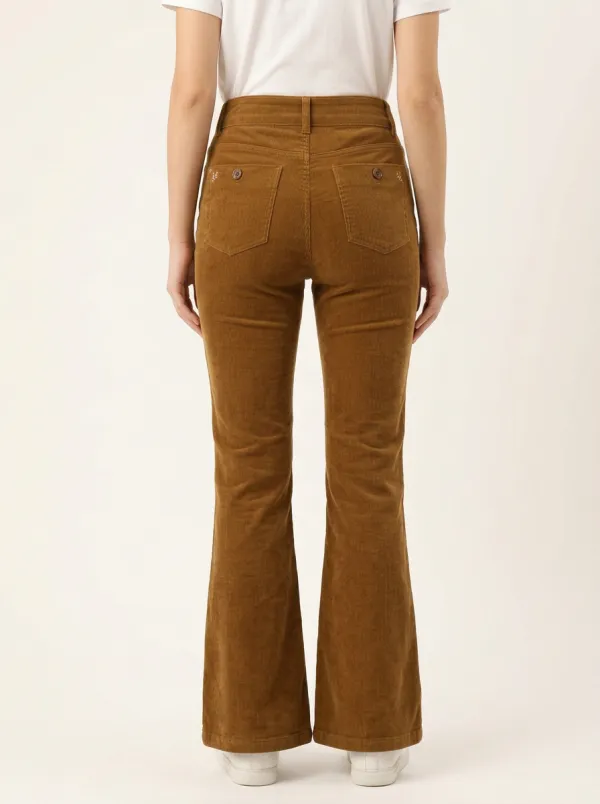 Women's Small Floral Embroidered Five-Pocket Flare Corduroy Pants