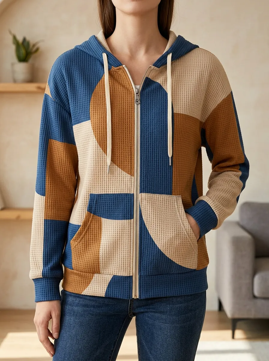 Women's Geometric Colorblock Signature Focus Waffle Zip-Up Hoodie