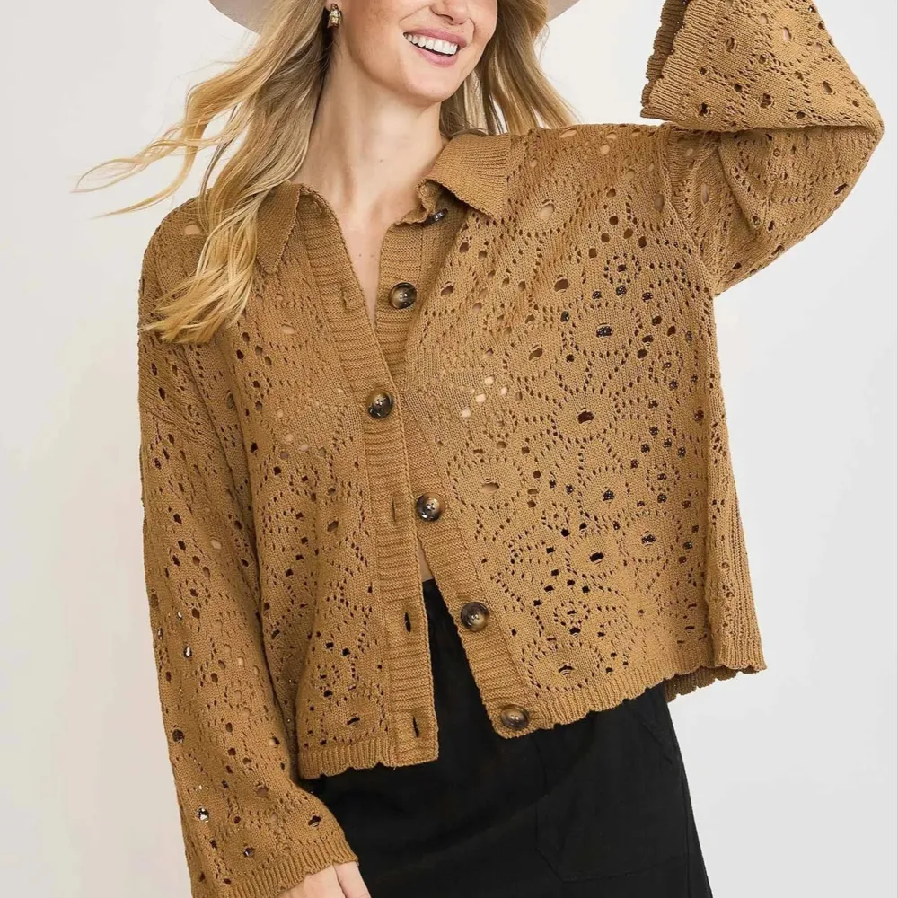 Button Front Button Down Textured Cropped Knit Cardigan