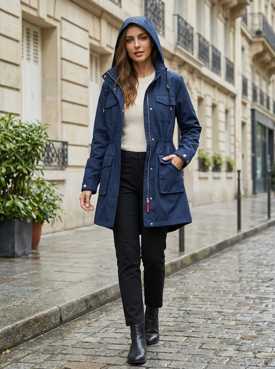 Women's Navy Blue Hooded Waterproof Rain Jacket with Flap Pockets and a Drawstring Waist