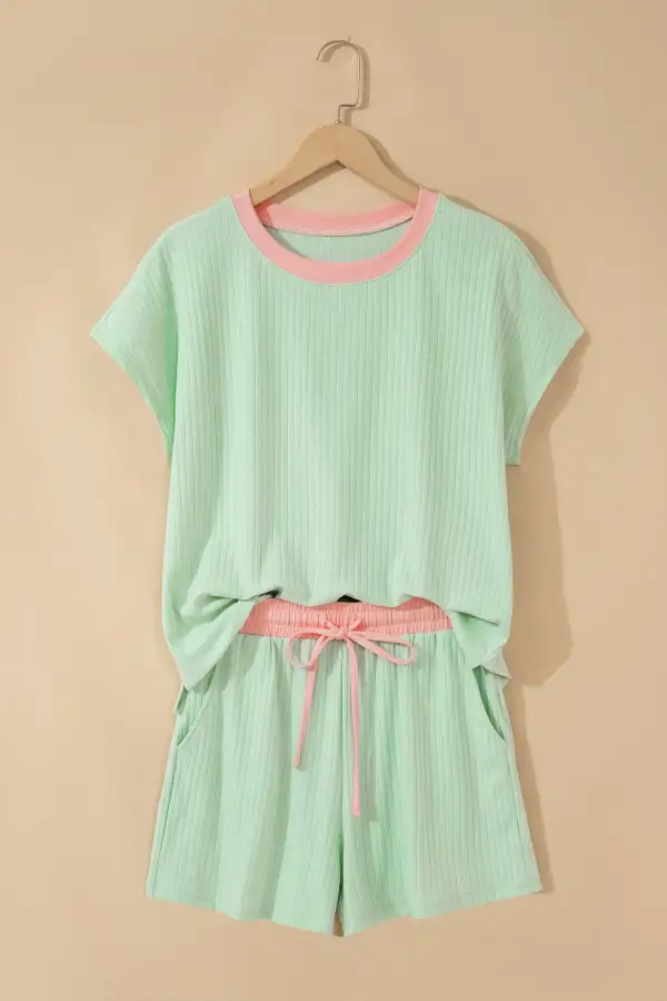 Women's Soft Ribbed Color Block Trim Casual Short Coordinated Set