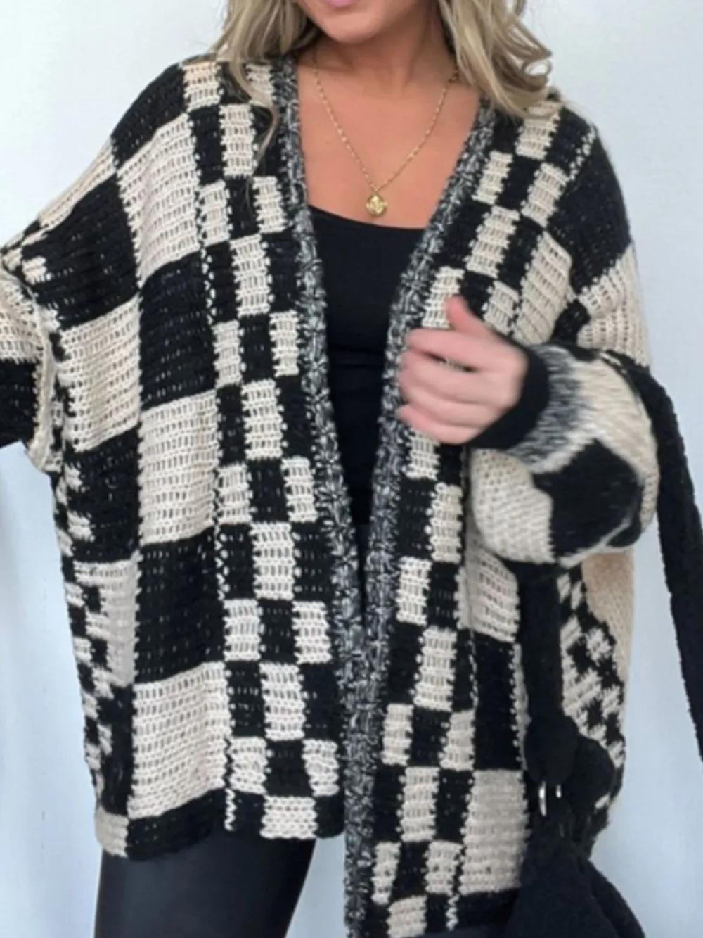Plaid Open-Front Long-Sleeve Cardigan