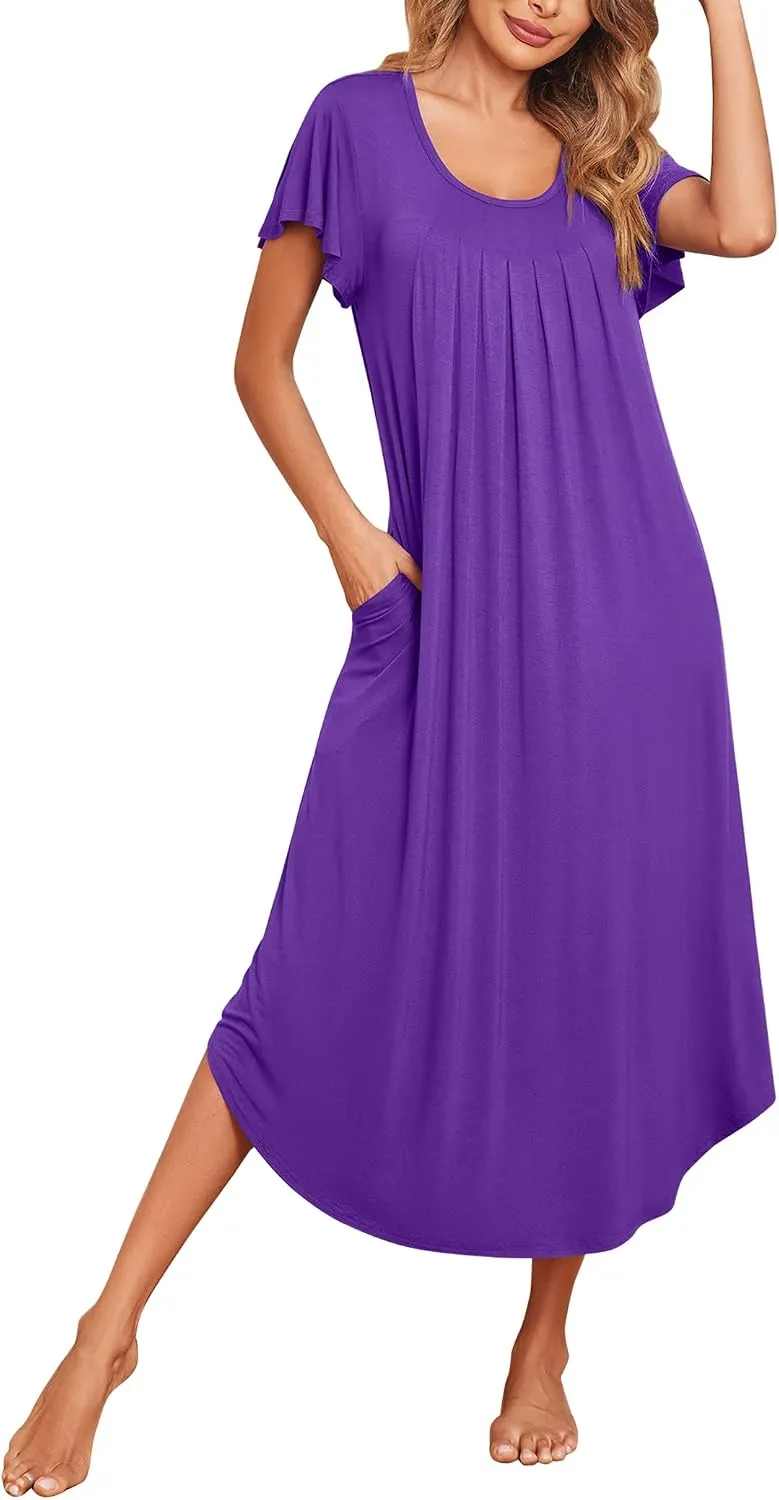 Ekouaer Long Nightgowns for Women with Pockets Short Sleeves House Dresses