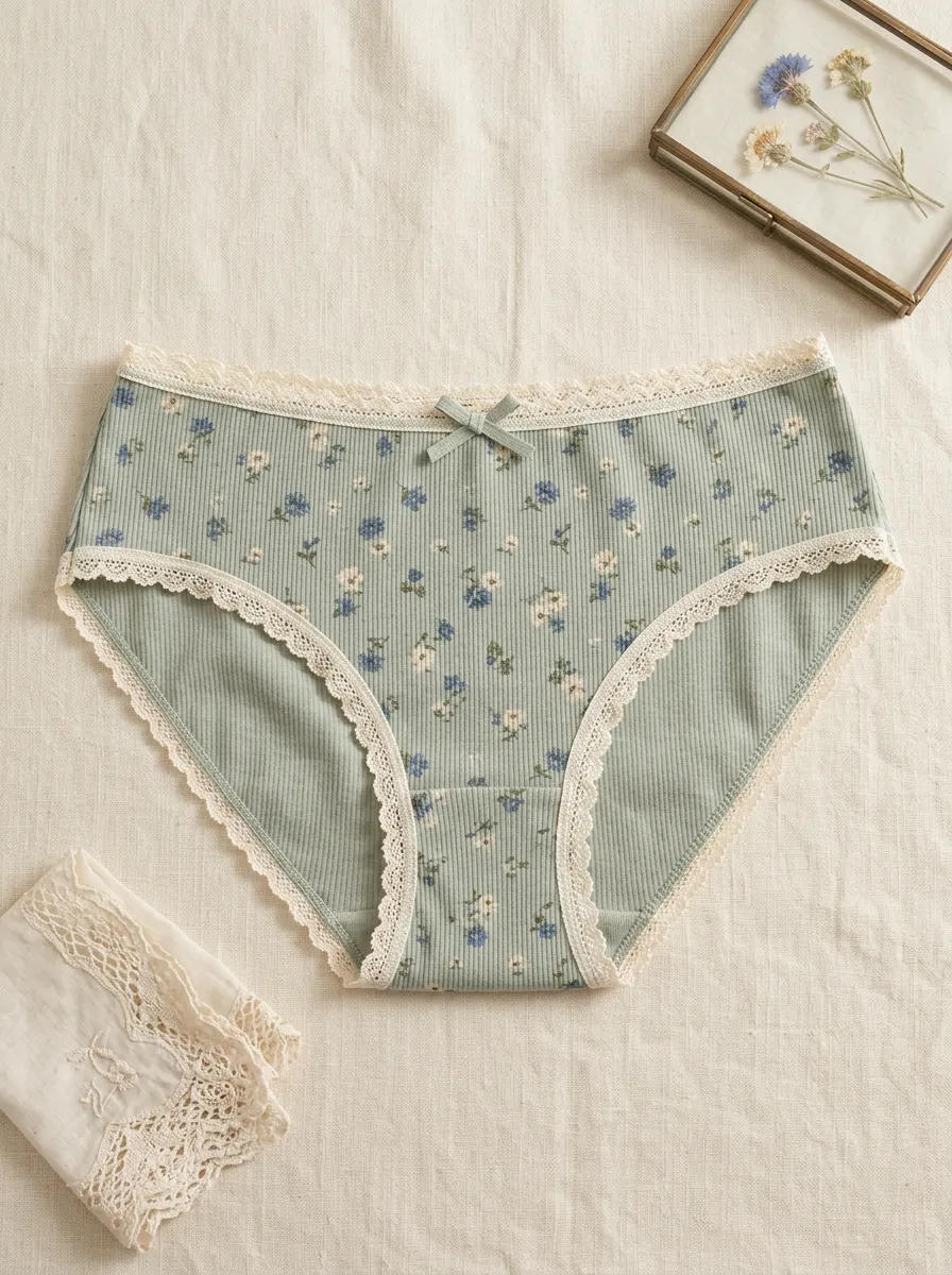 Women's Modern Vintage Floral Ribbed Lace Trim Panties