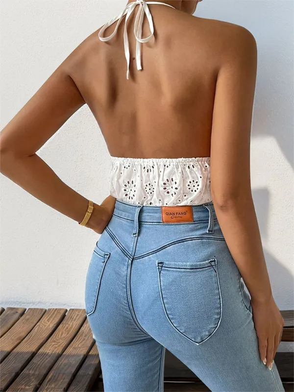 Lace Stitching Sling Slim Halter Bodysuit Jumpsuit