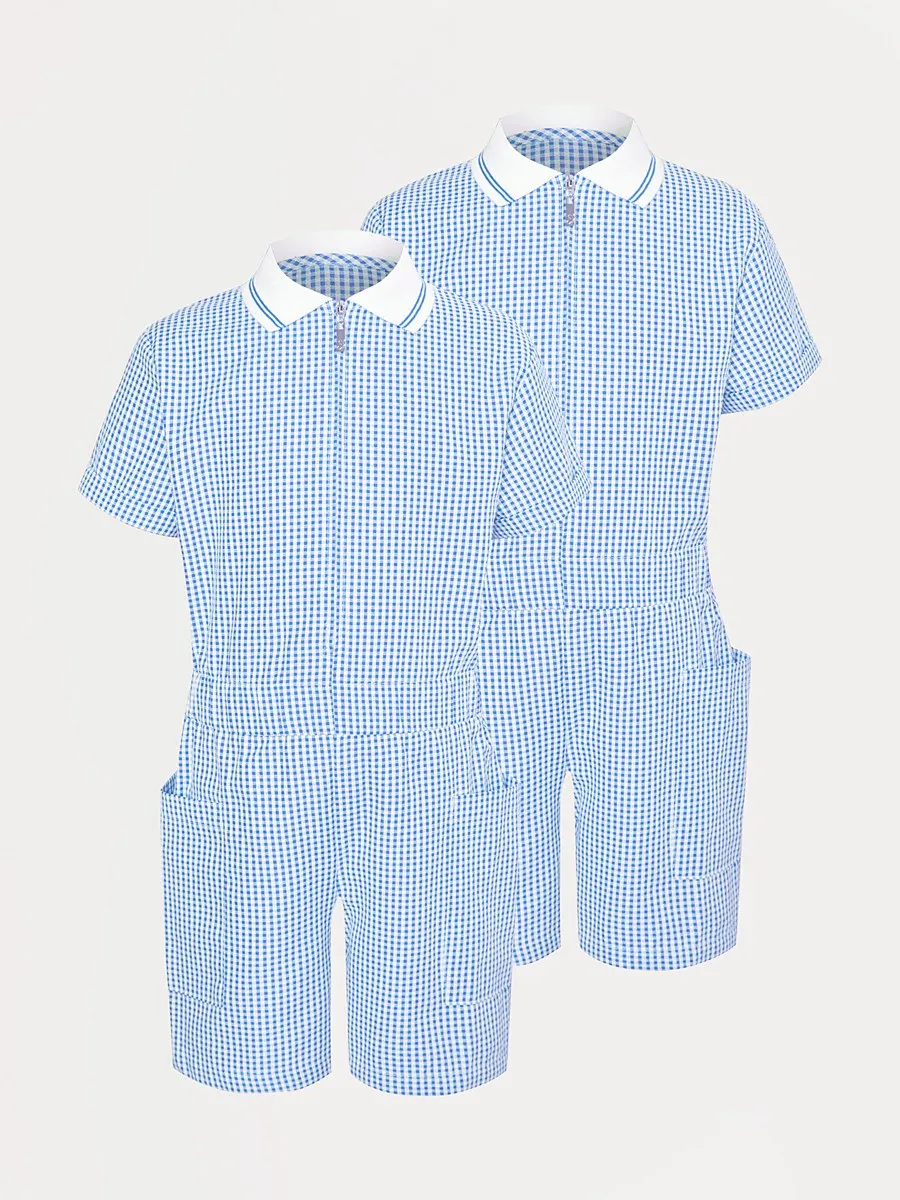 Light Blue Gingham Girls School Playsuit 2 Pack