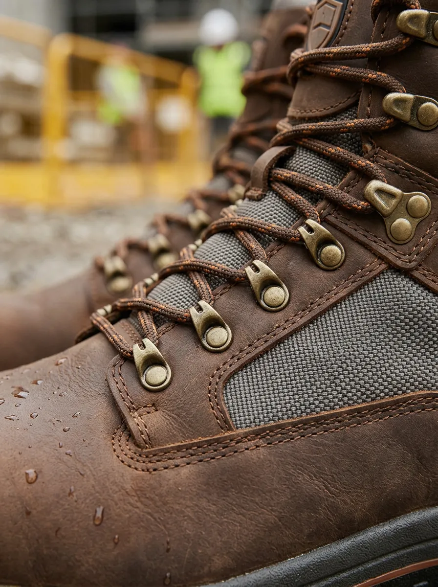 Men's Construction Waterproof Brown Leather Work Boots with Printed Detail