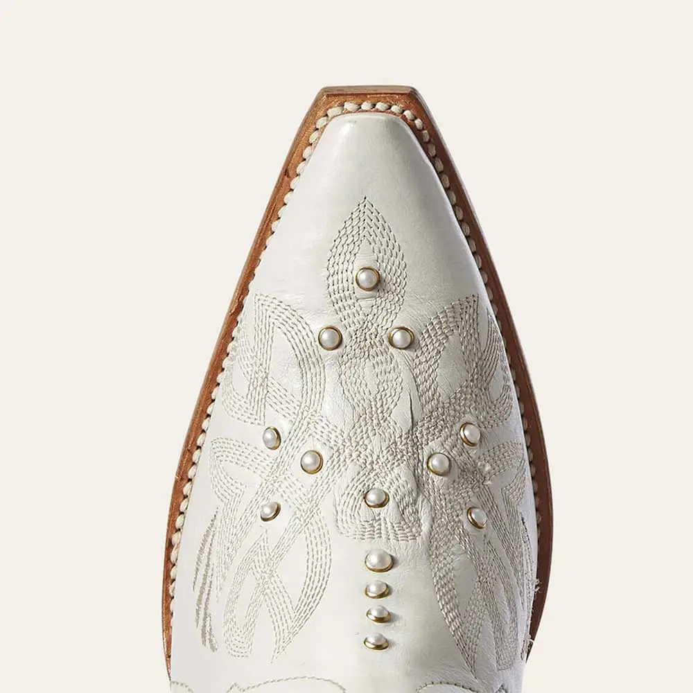 Faux-Leather Embroidered Snip-Toe Chunky-Heel Mid-Calf Boots