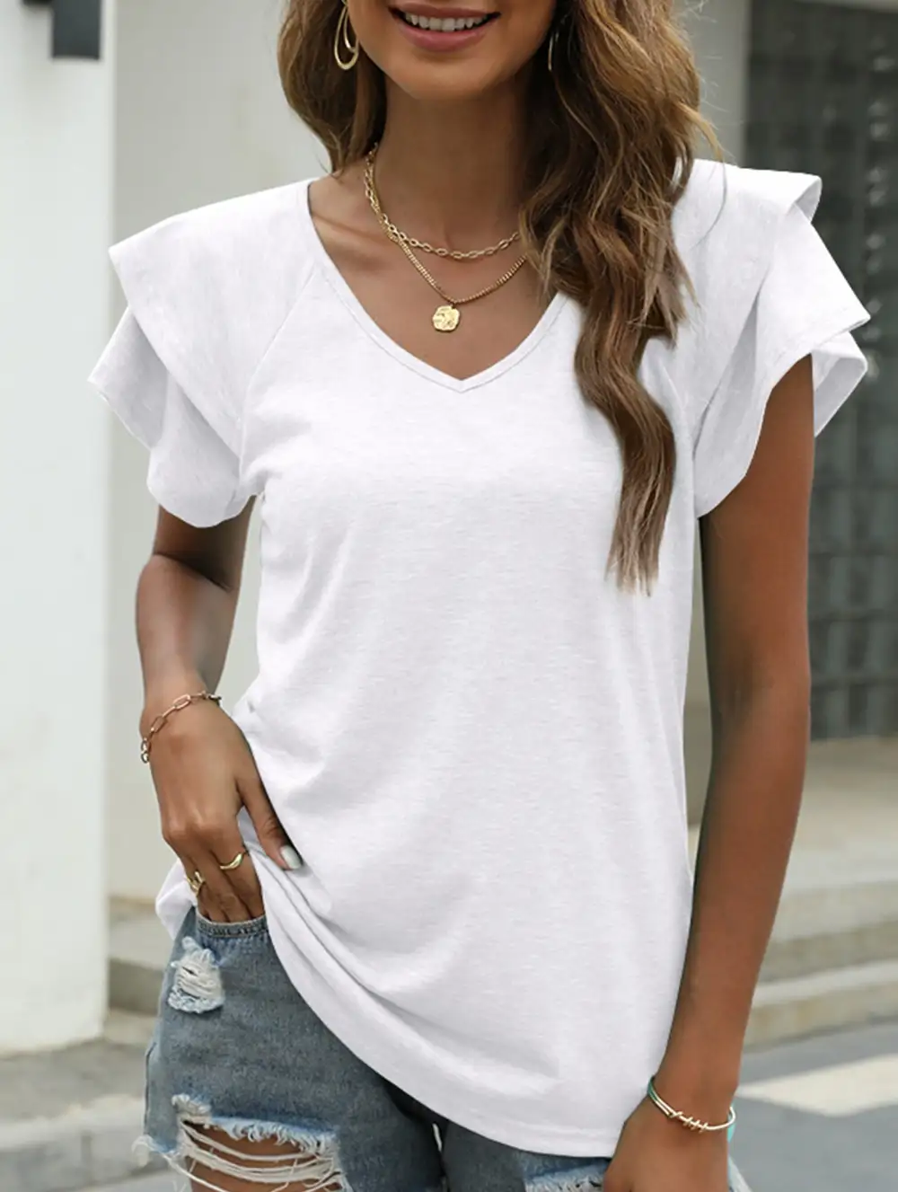 V Neck Double Layer Ruffle Sleeve Tank Top