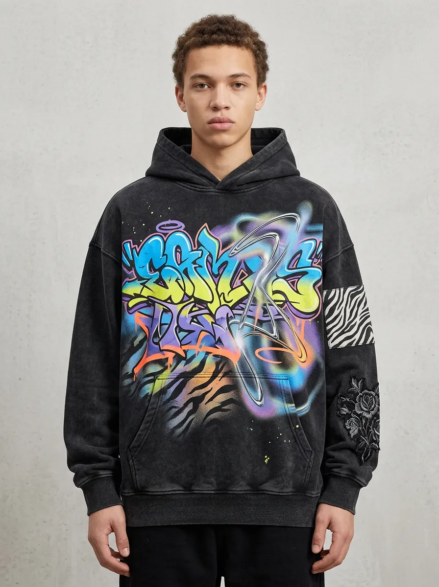 Unisex Streetwear Graffiti Zebra Rose Graphic Hoodie