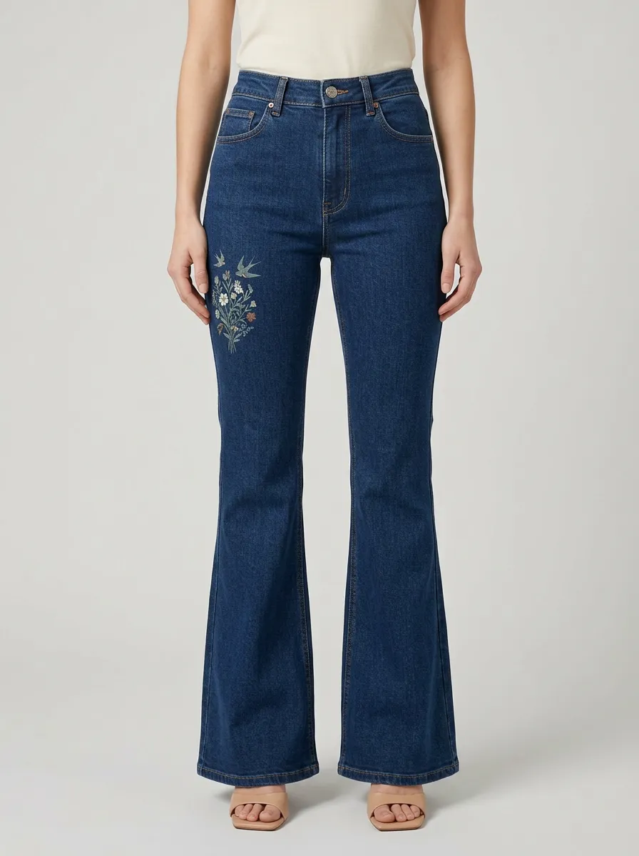 Women's Floral Bird Embroidered Contrast-Stitch High-Rise Flare Jeans