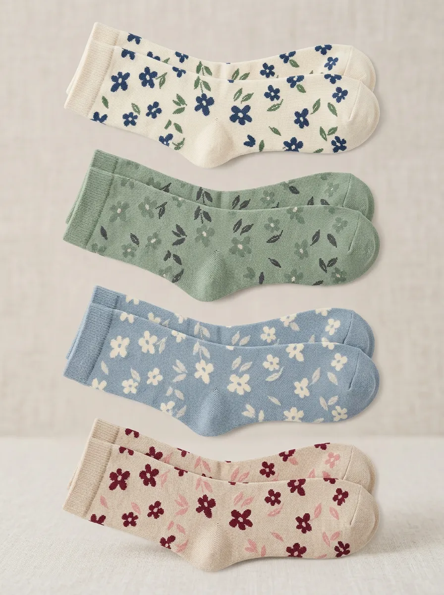 Women's Floral Leaf Crew Socks Four Pair Set