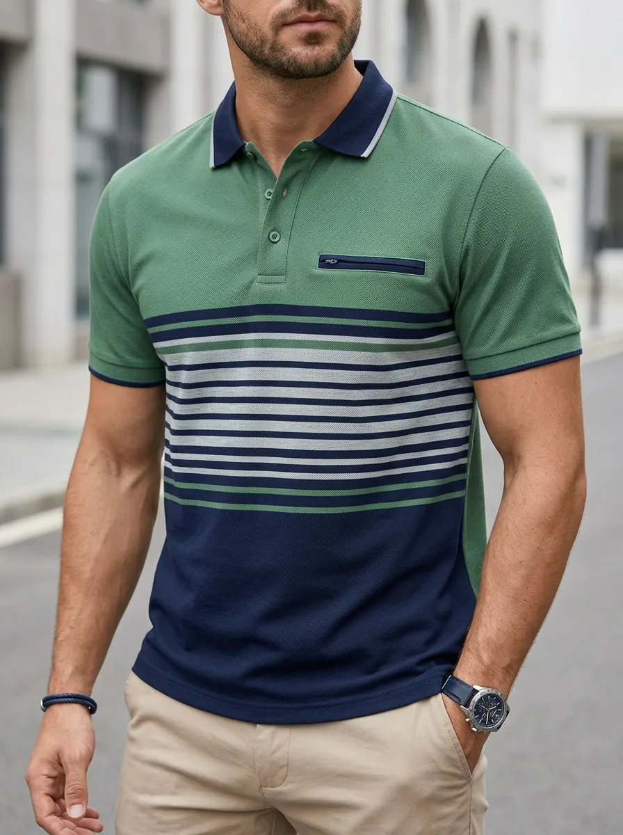 Men's Traditional Colorblock Striped Polo Shirt