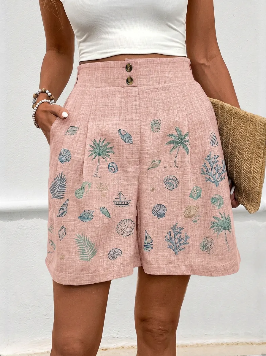 Women's Marin Coastal Seashell Palm Tree Graphic Shorts