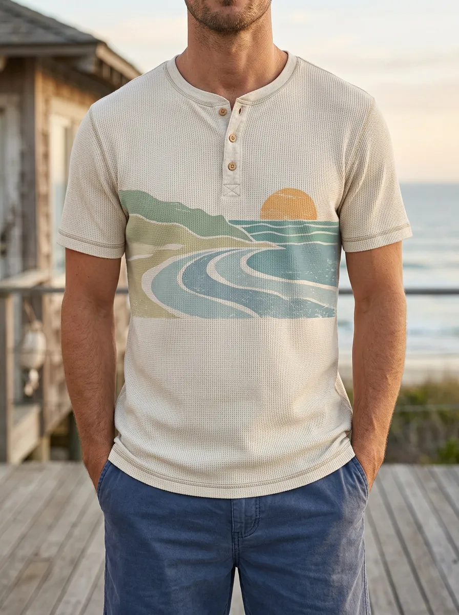 Men's Beach Lover Sunset Ocean Printed Henley T-shirt