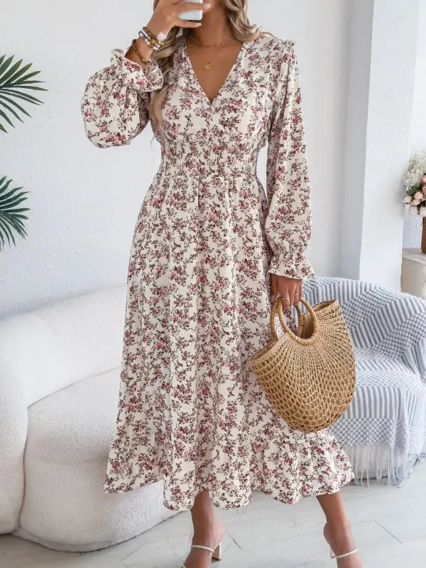 Clean Line Floral V Neck Ruffle Dress