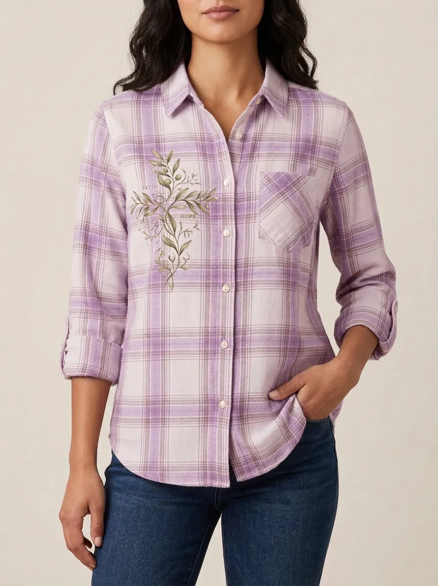 Women's Christian Faith Hope Olive Branch Printed Plaid Shirt