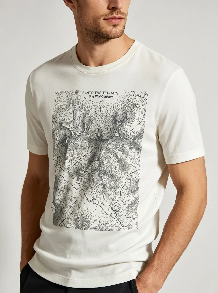Men's Outdoor Hiking Lover Topographic Map Printed T-shirt