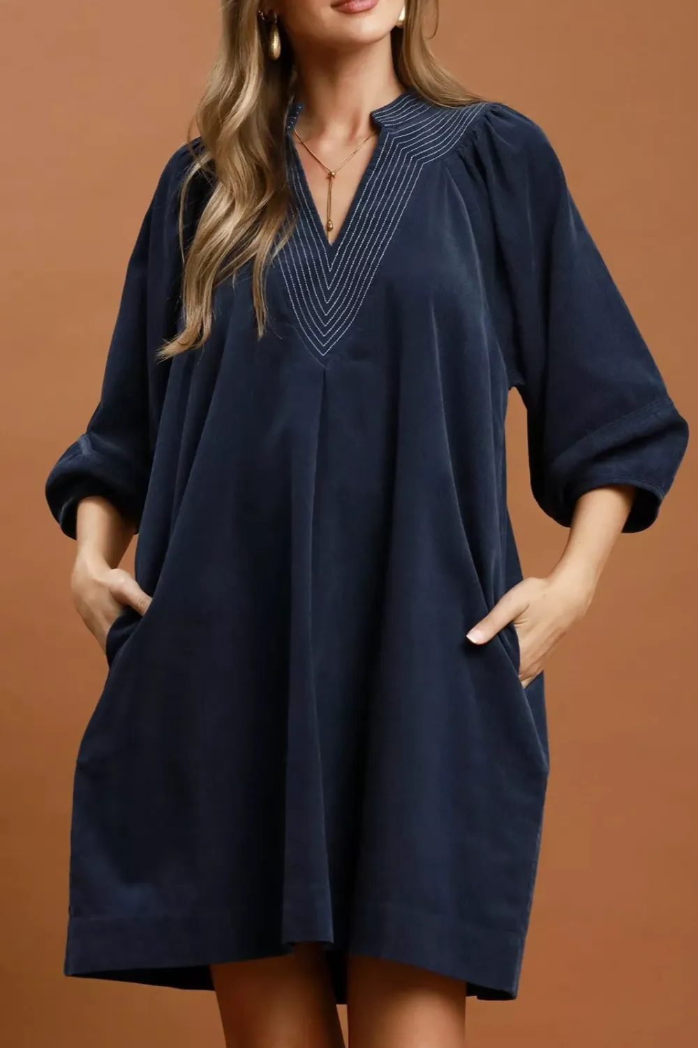 V-Neck Puff Sleeve Shift Corduroy Dress