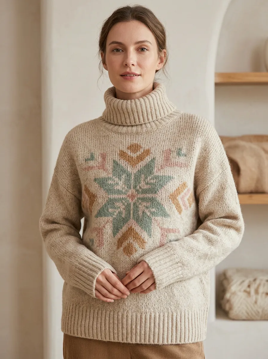 Women's Winter Nordic Snowflake Printed Turtleneck Sweater