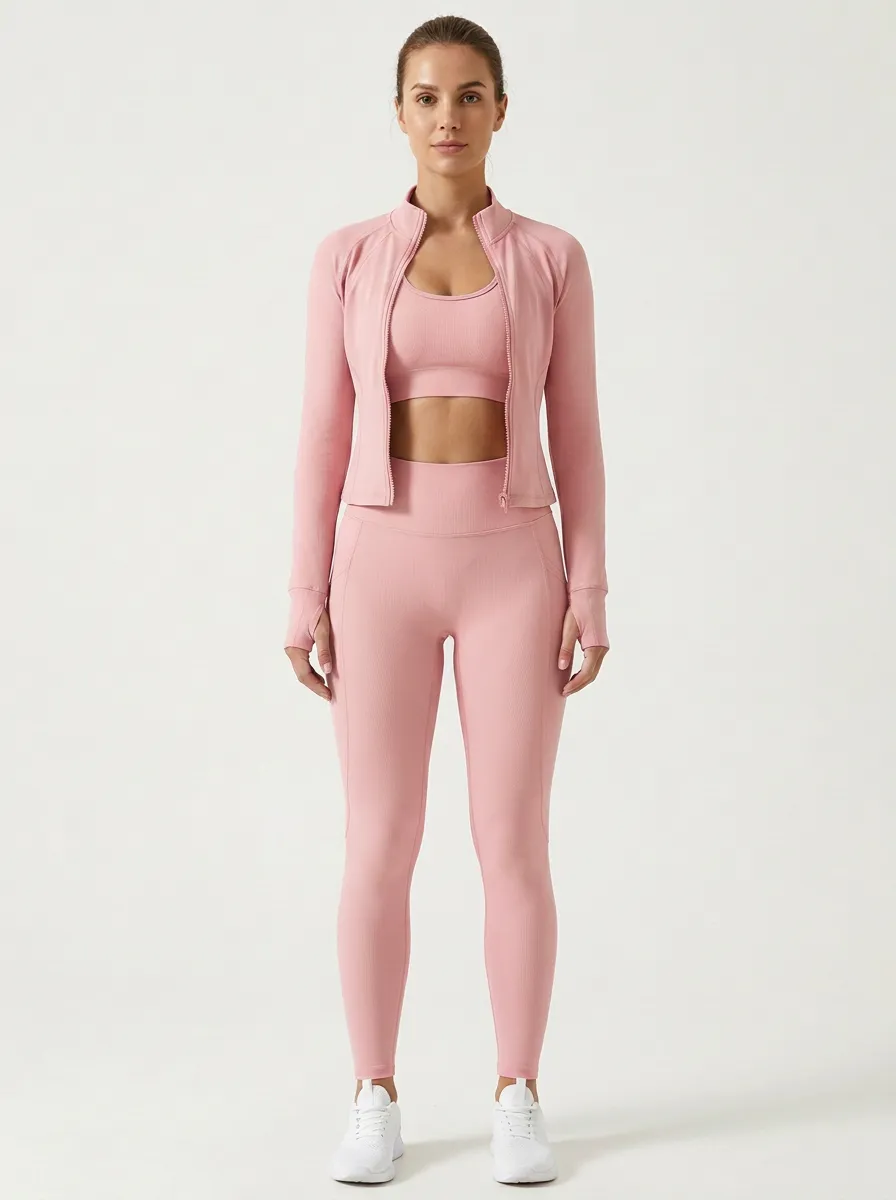 Utility Ribbed Texture Seamless Design Casual Look Women's Three Piece Activewear Set