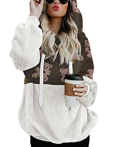 Women Casual Double Fuzzy Sweatshirt Faux Fleece Zip Pullover Hoodies Coat Outwear S-XXL