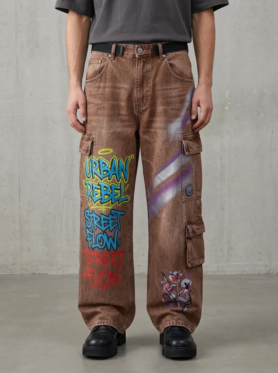 Men's Streetwear Urban Rebel Graffiti Statement Graphic Cargo Jeans