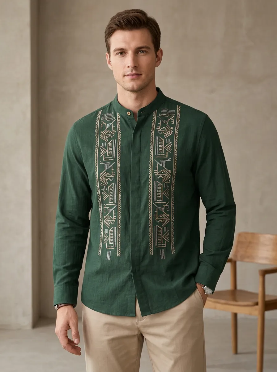 Men's Geometric Folk Embroidered Mandarin Collar Shirt