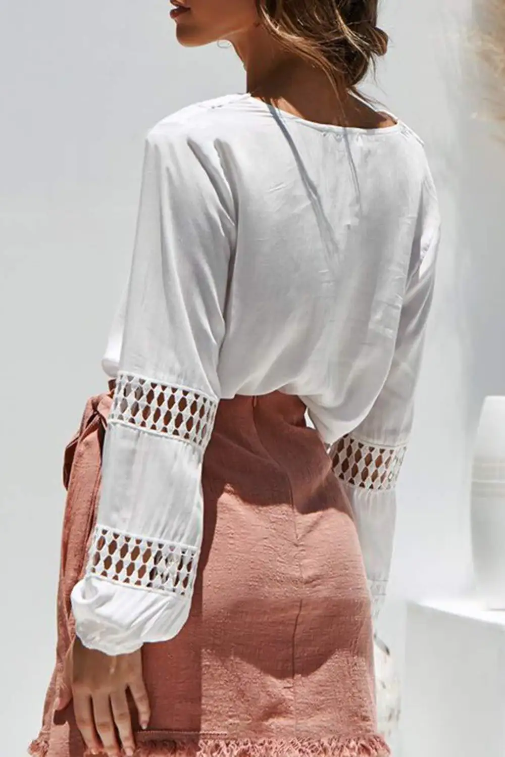 Deep V Neck Crochet Hollow Out Blouse