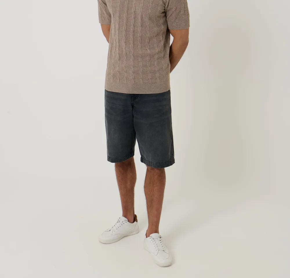 Men's Taupe Cable Stripe Knitted Button Polo