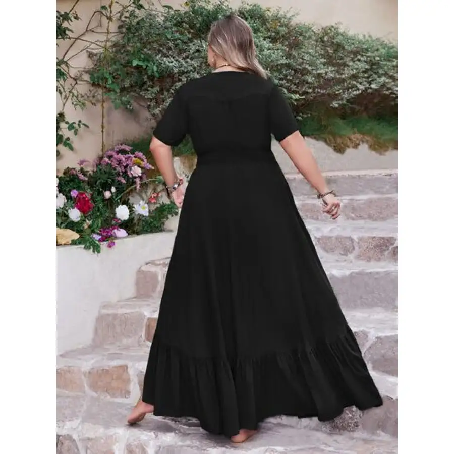 Plus Size Ruffled Hem Button Down V Neck Short Sleeve Maxi Dress