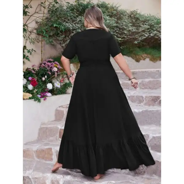 Plus Size Ruffled Hem Button Down V Neck Short Sleeve Maxi Dress