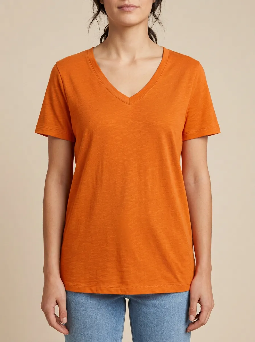 Women's Ribbed-Neck Regular-Fit V-Neck T-Shirt