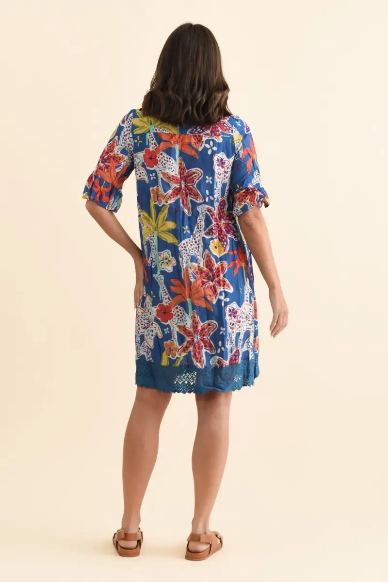 Graphic Cotton Pleated V-Neck Half-Sleeve A-Line Above-Knee Tunic Dress