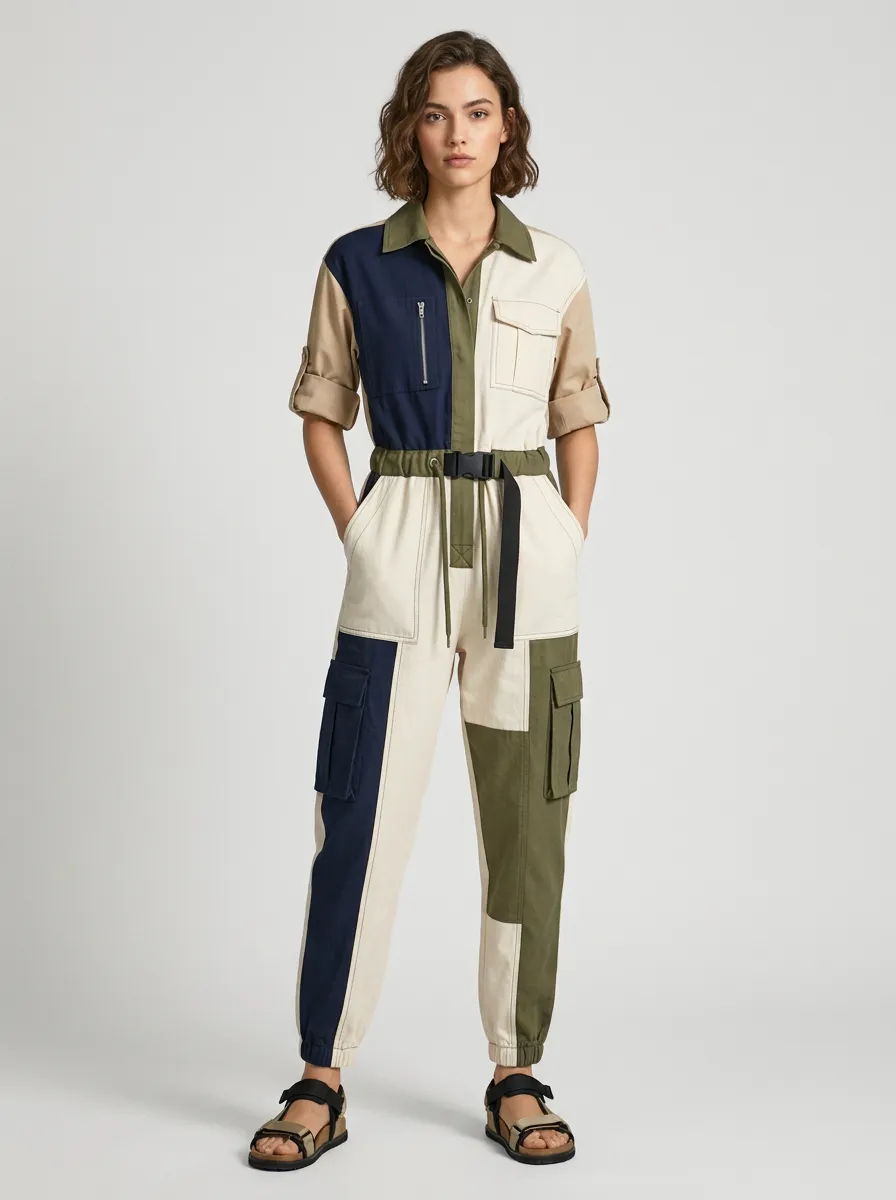Women's Hudson Utility Patchwork Colorblock Belted Jumpsuit