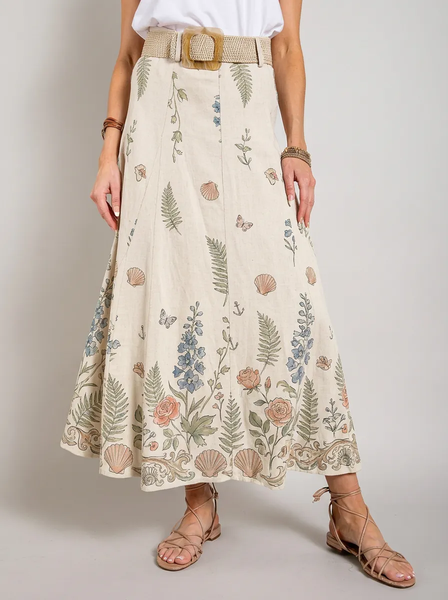 Women's Botanical Seashell Butterfly Printed Maxi Skirt