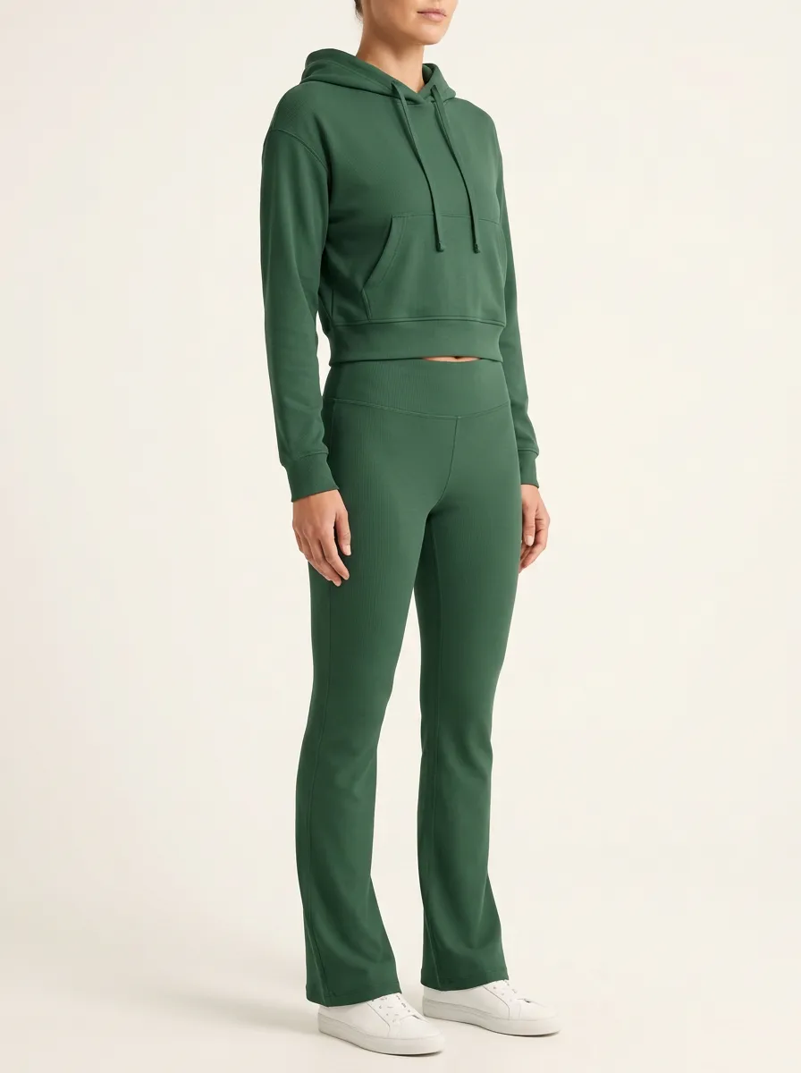 Women's Ribbed Cropped Hoodie and Flared Legging Set