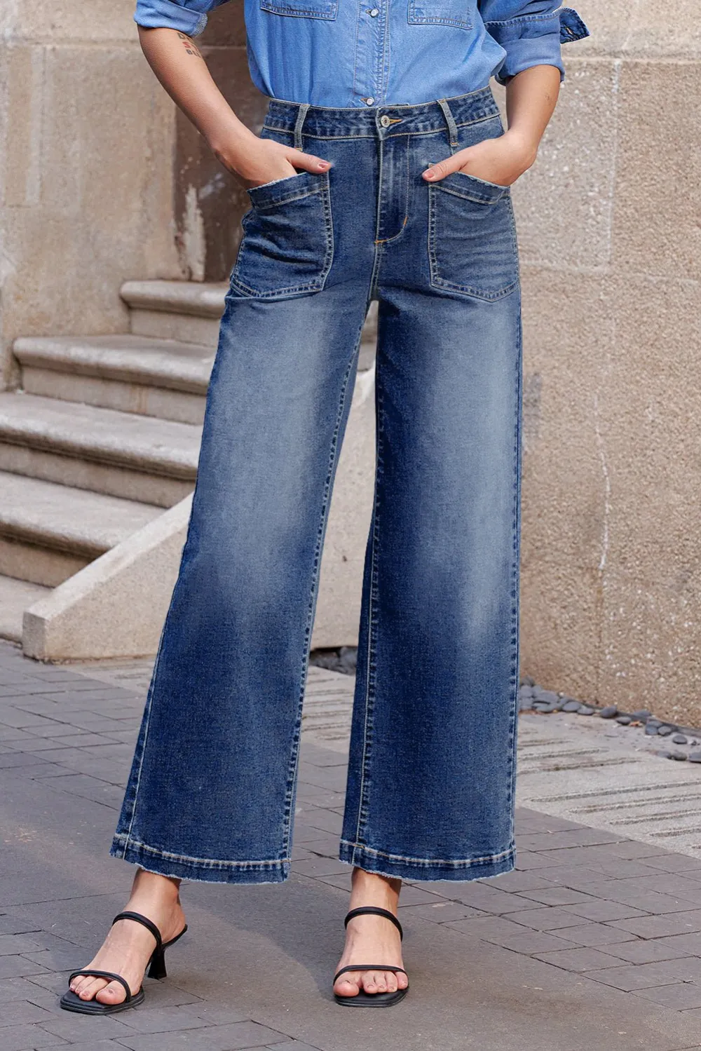High Waist Patch Pocket Casual Jeans